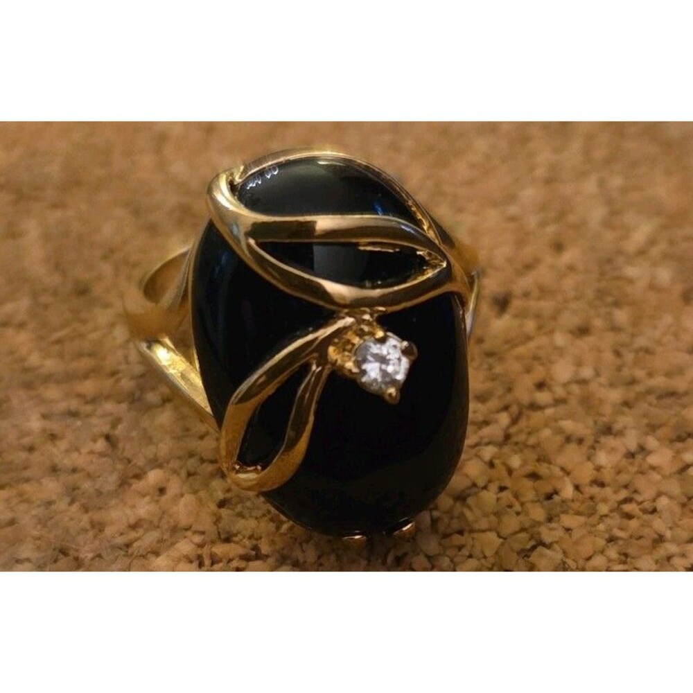 Gold Tone Oval Black Onyx Prong CZ Accent Cocktail Ring Size 8